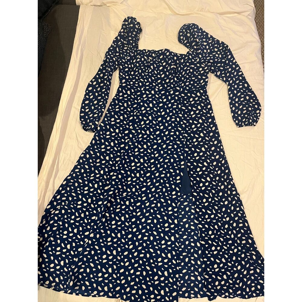 COMMENSE Blue White Square Neck Long Sleeve Midi Slit Dress NWT